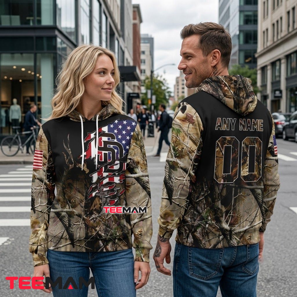 Personalized San Diego Padres 3D Hoodie Camo Deer American Flag Back Personalized San Diego Padres 3D Hoodie Camo Deer American Flag Back
