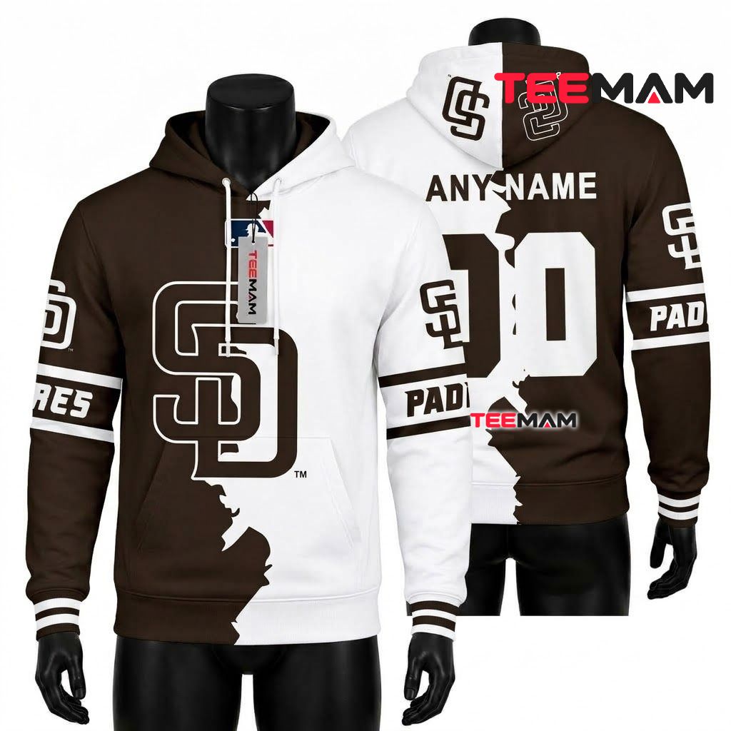 Personalized San Diego Padres All Over Print 3D Hoodie Black White Split Front