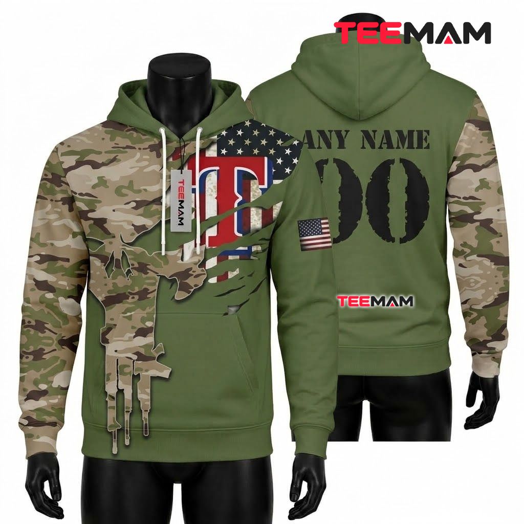 Personalized Texas Rangers 3D Hoodie Skull Camo Military Green Front