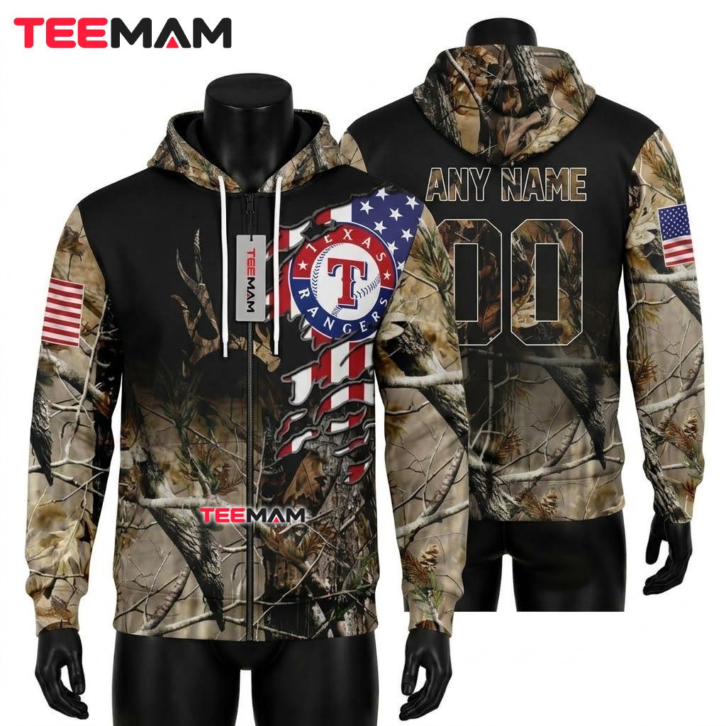 Personalized Texas Rangers All Over Print 3D Hoodie Realtree Camo American Flag Front
