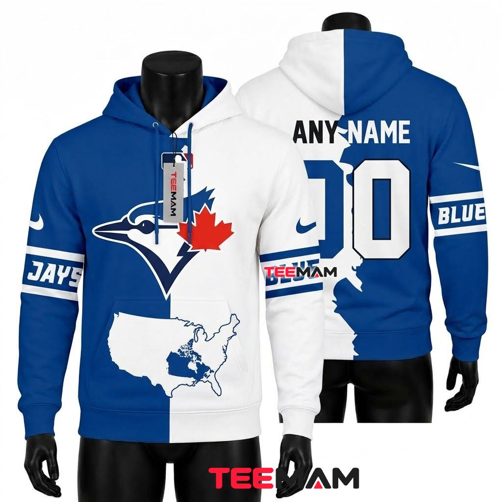 Personalized Toronto Blue Jays 3D Hoodie Split Logo Custom Name Number Front