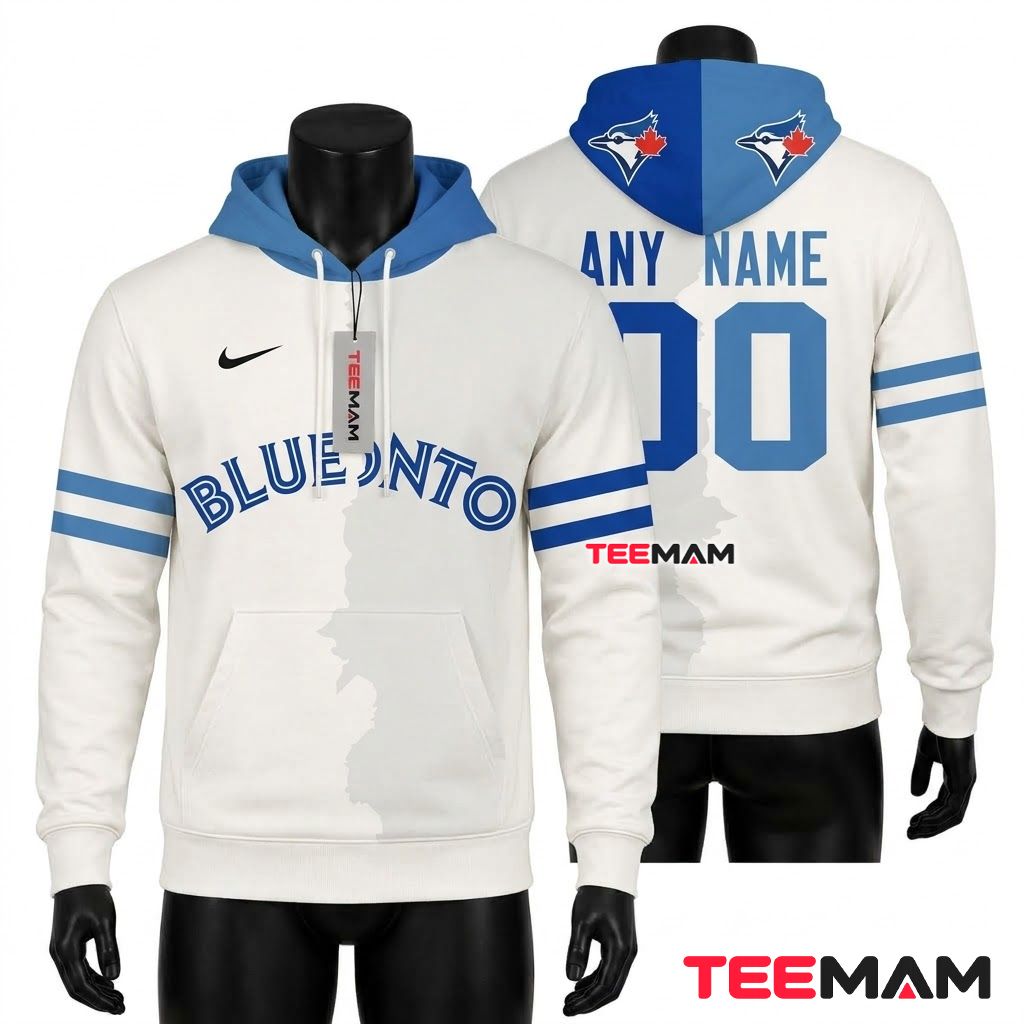Personalized Toronto Blue Jays 3D Hoodie Split White Blue Custom Name Number Front