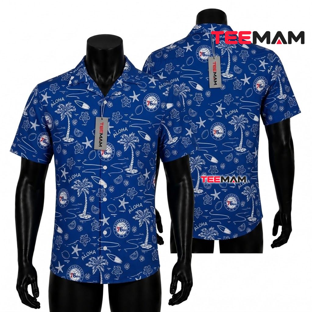 Philadelphia 76ers Aloha Shirt Coconut Starfish Palm Front