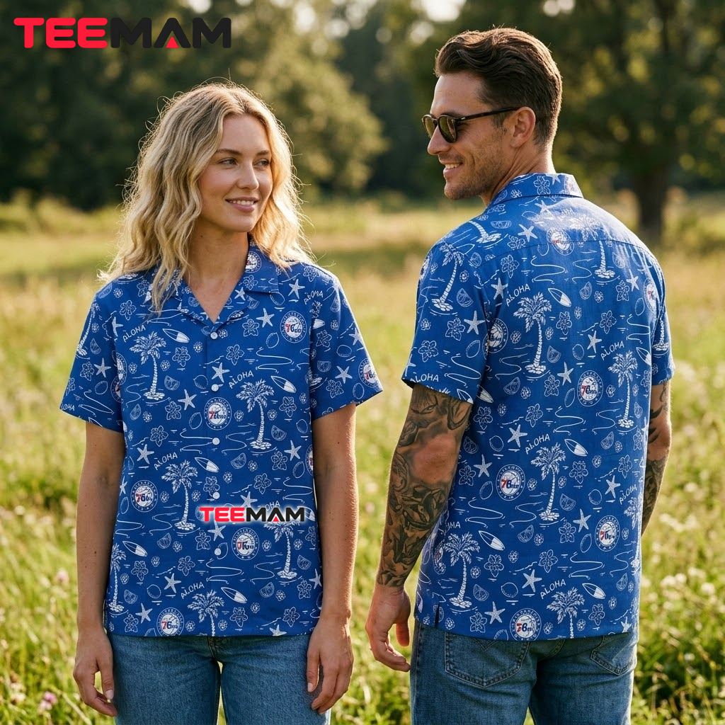Philadelphia 76ers Aloha Shirt Coconut Starfish Palm Back Philadelphia 76ers Aloha Shirt Coconut Starfish Palm Back