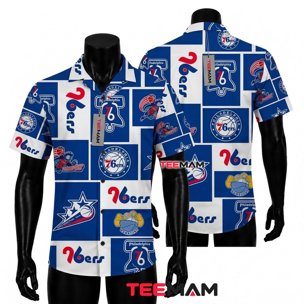 Philadelphia 76ers Aloha Shirt Logo Grid Pattern Front