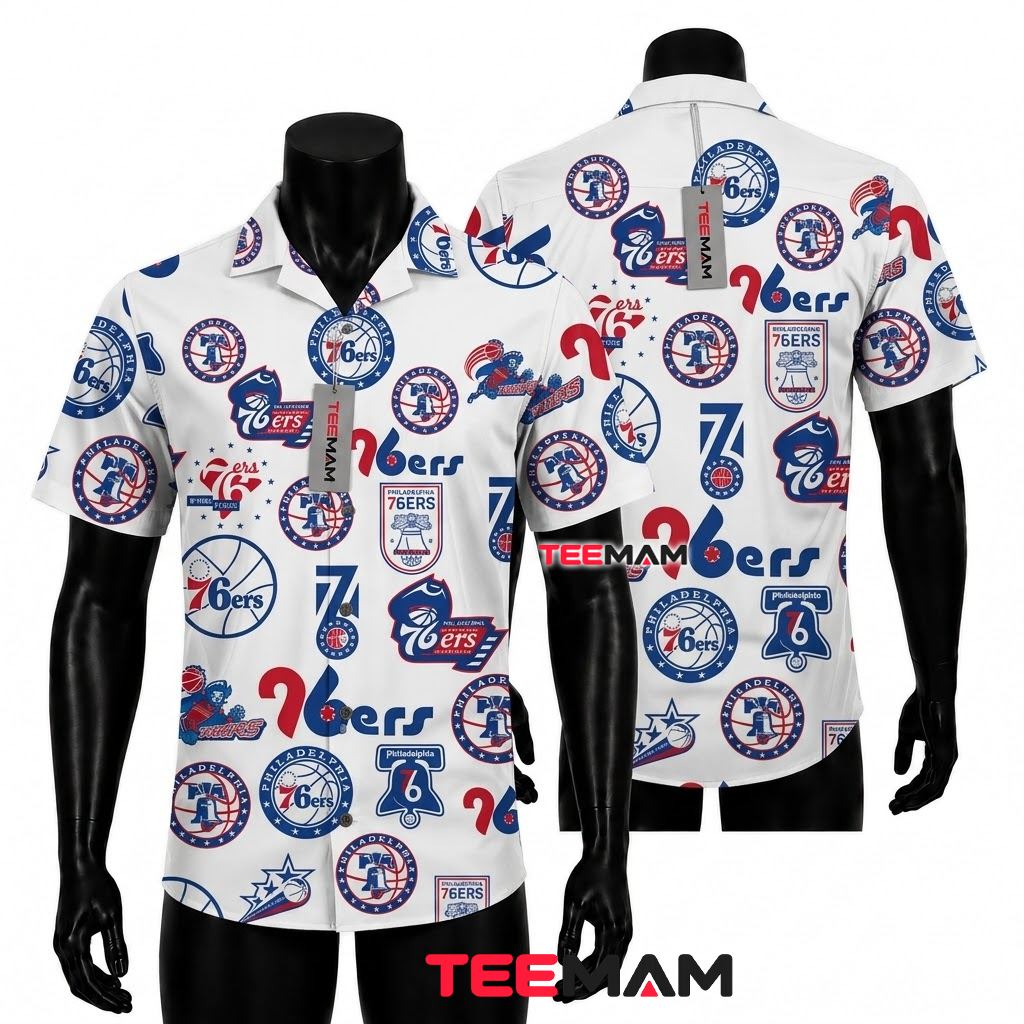 Philadelphia 76ers Button Up Shirt Multi Logo Collage Front
