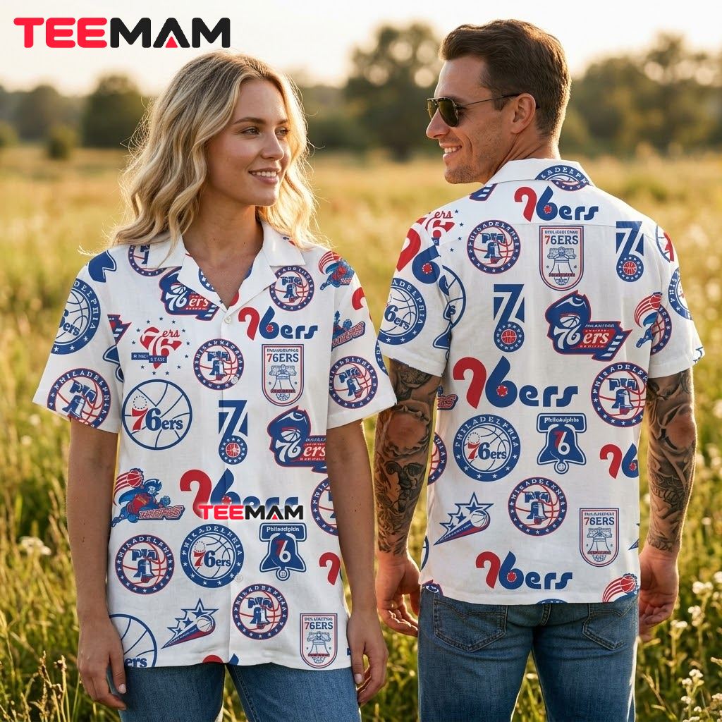 Philadelphia 76ers Button Up Shirt Multi Logo Collage Back Philadelphia 76ers Button Up Shirt Multi Logo Collage Back