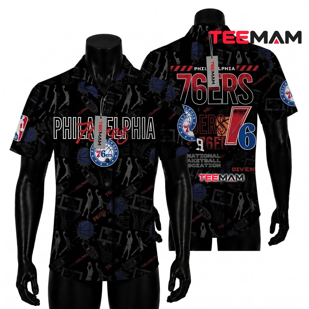 Philadelphia 76ers Hawaiian Shirt Basketball Silhouette Pattern Front