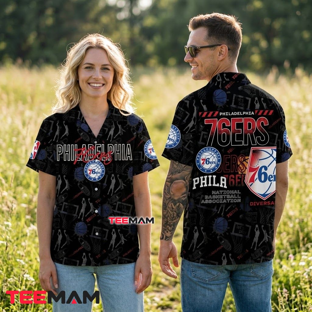 Philadelphia 76ers Hawaiian Shirt Basketball Silhouette Pattern Back Philadelphia 76ers Hawaiian Shirt Basketball Silhouette Pattern Back