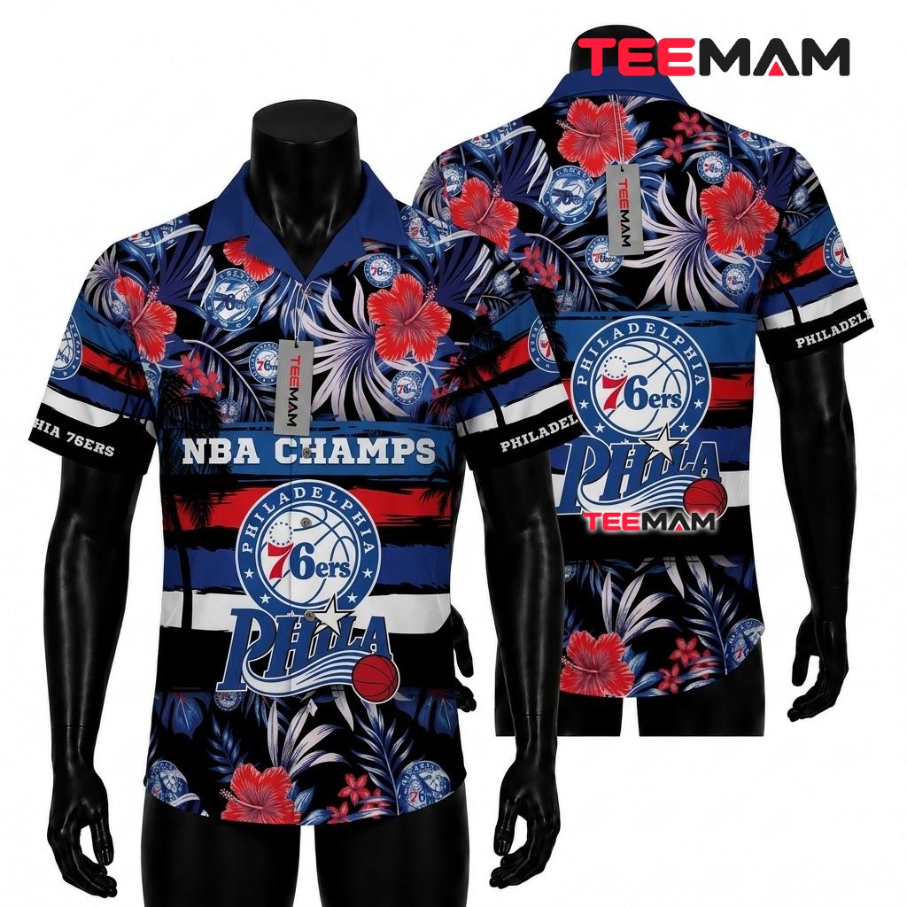 Philadelphia 76ers Hawaiian Shirt NBA Champs Hibiscus Front