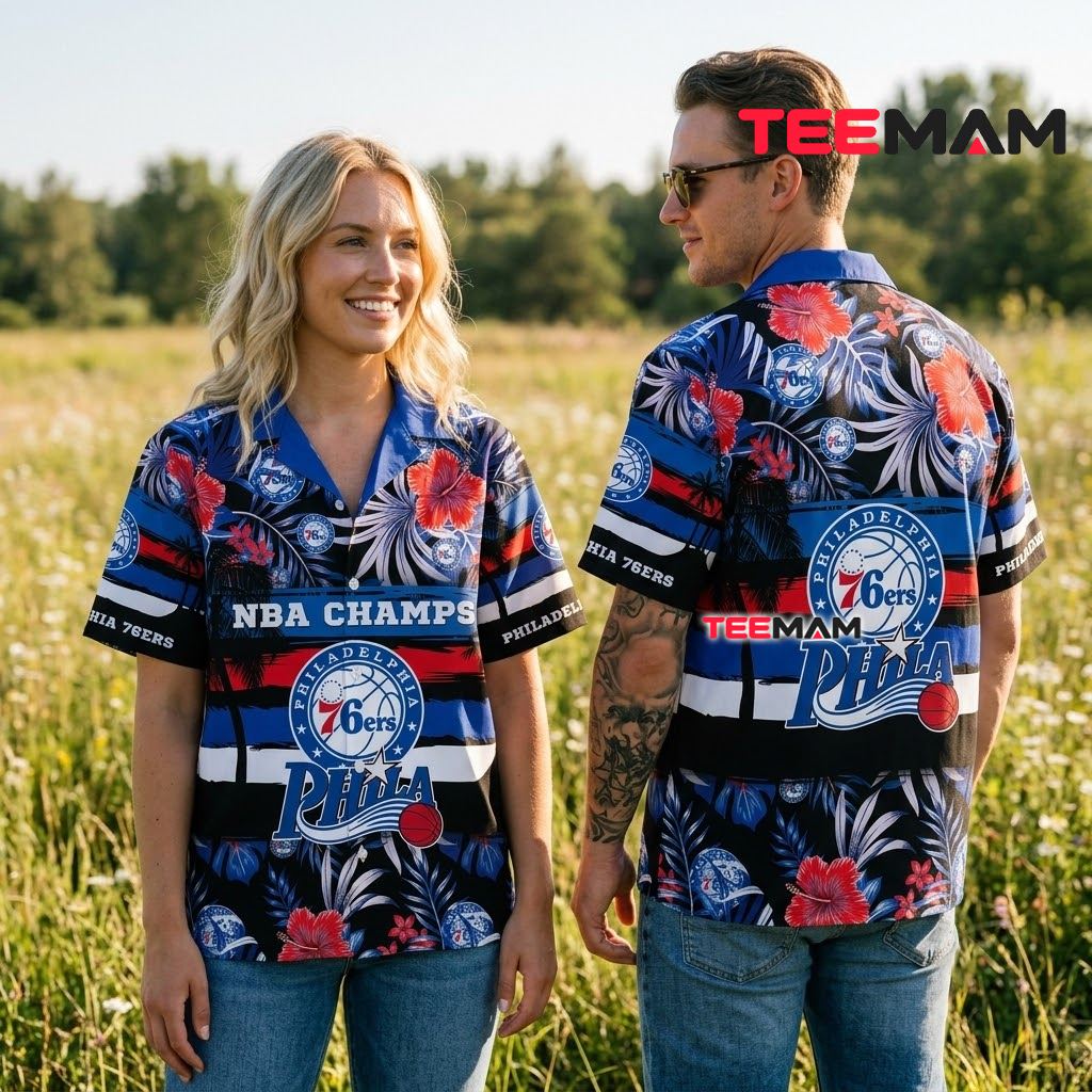 Philadelphia 76ers Hawaiian Shirt NBA Champs Hibiscus Back Philadelphia 76ers Hawaiian Shirt NBA Champs Hibiscus Back