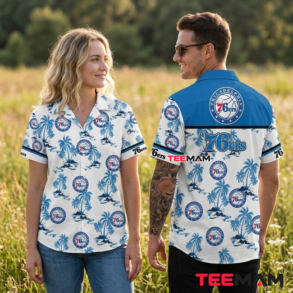 Philadelphia 76ers Hawaiian Shirt Palm Tree Island Back Philadelphia 76ers Hawaiian Shirt Palm Tree Island Back