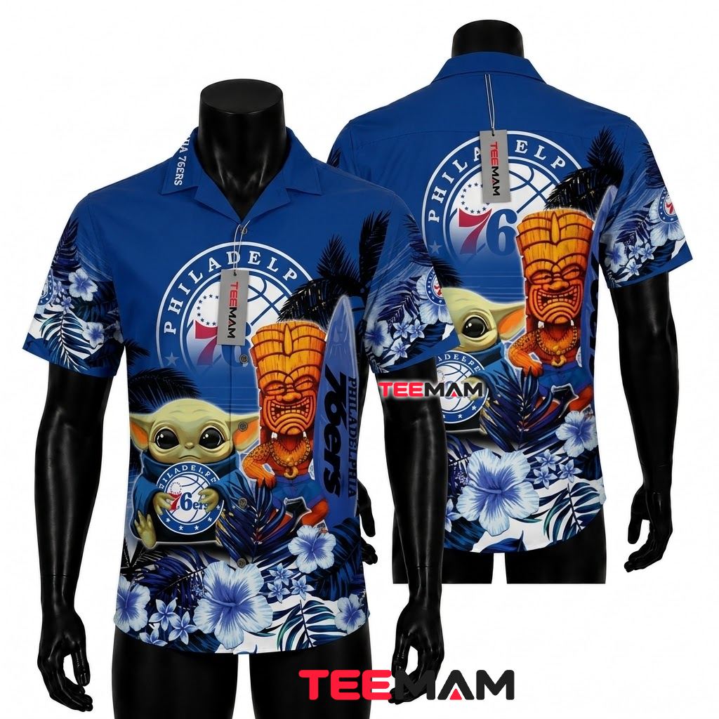 Philadelphia 76ers Tropical Shirt Baby Yoda Tiki Surfboard Front