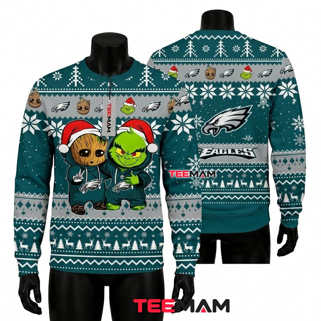 Philadelphia Eagles Ugly Christmas Sweater Baby Groot Grinch Design Front