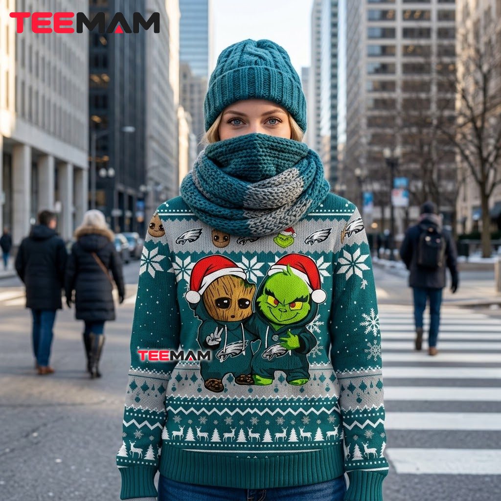 Philadelphia Eagles Ugly Christmas Sweater Baby Groot Grinch Design Back Philadelphia Eagles Ugly Christmas Sweater Baby Groot Grinch Design Back