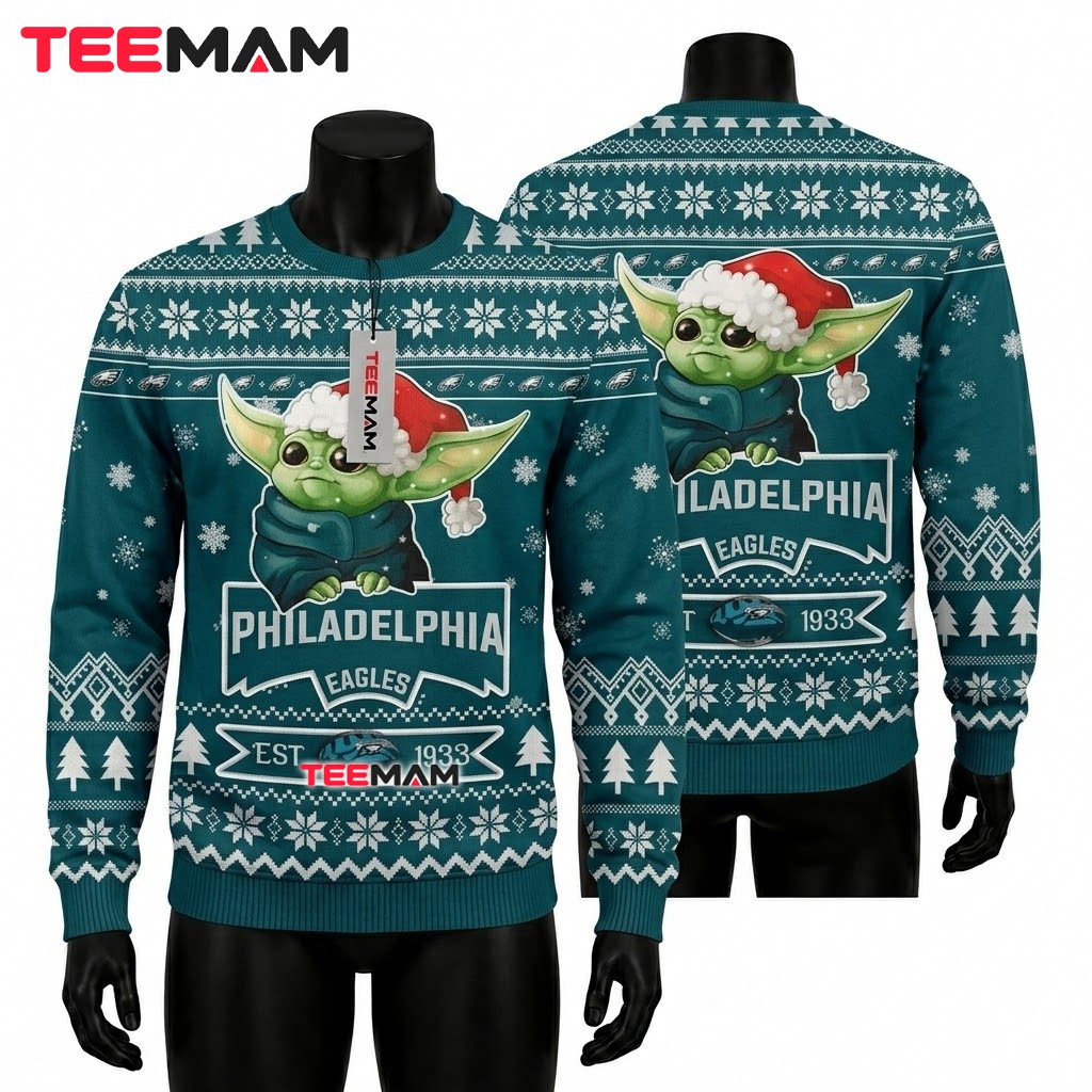 Philadelphia Eagles Ugly Christmas Sweater Baby Yoda Est 1933 Design Front
