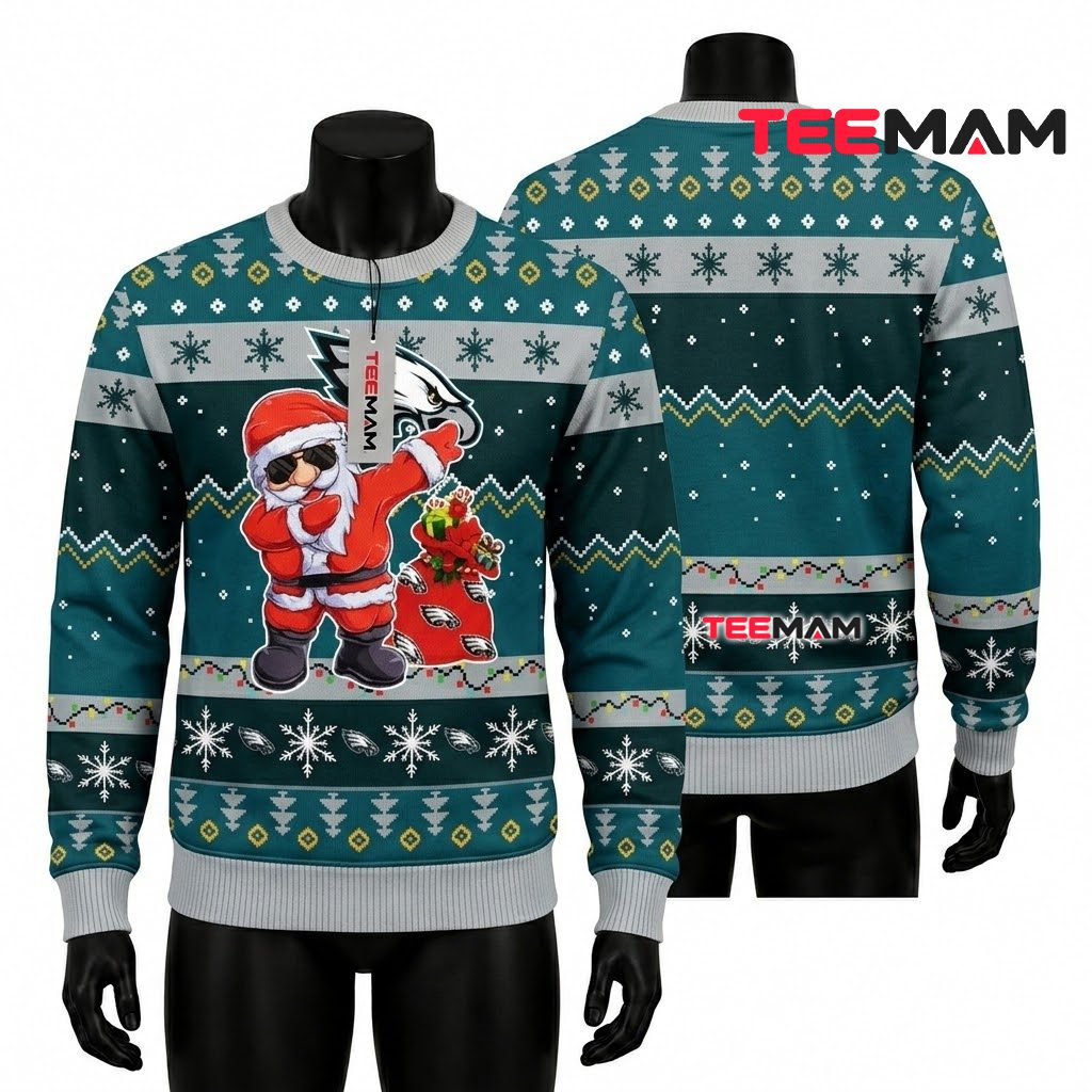 Philadelphia Eagles Ugly Christmas Sweater Dabbing Santa Design Front