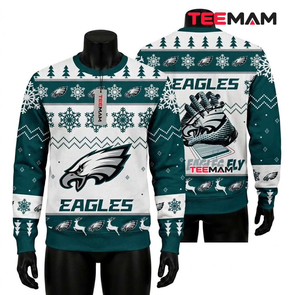 Philadelphia Eagles Ugly Christmas Sweater Fly Eagles Fly Glove Design Front