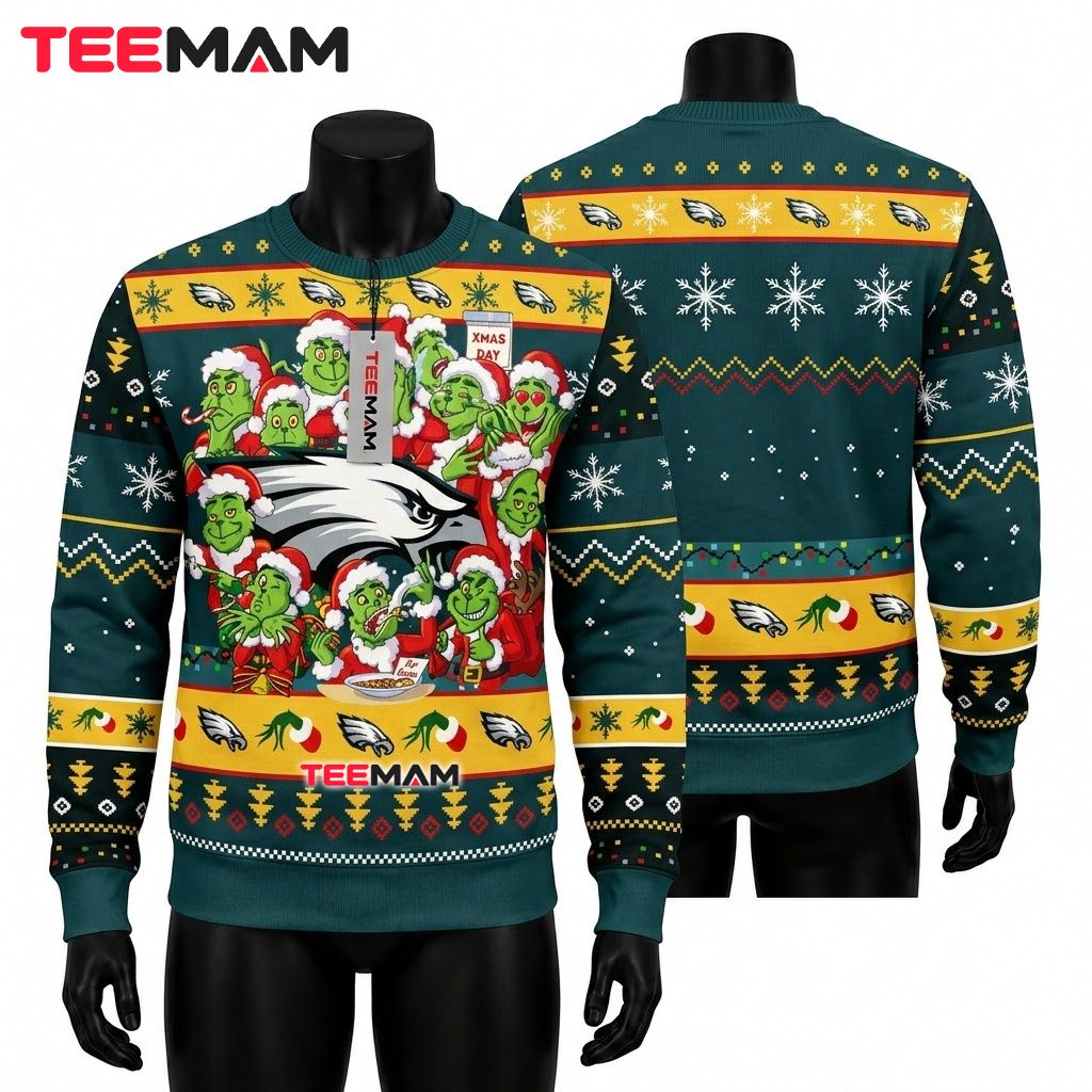 Philadelphia Eagles Ugly Christmas Sweater Grinch Family Xmas Design Front
