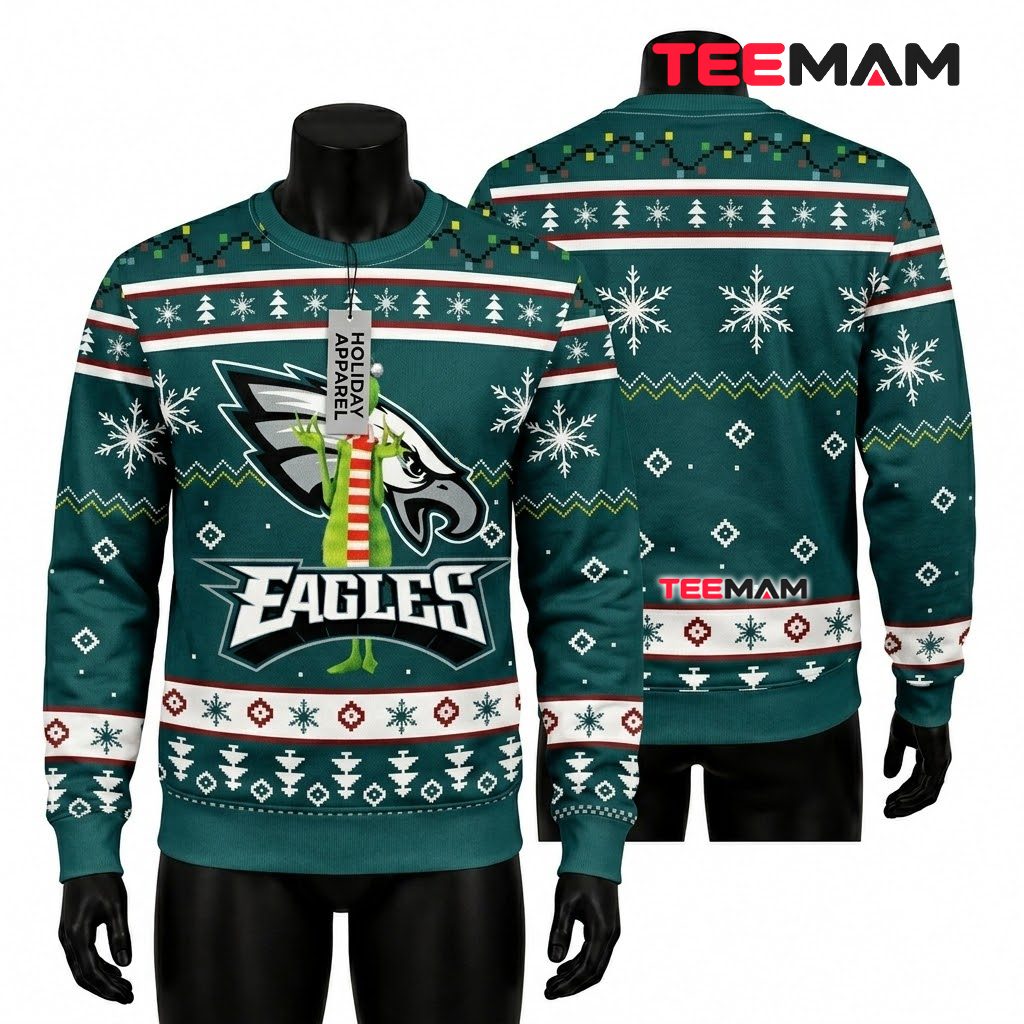 Philadelphia Eagles Ugly Christmas Sweater Grinch Santa Hat Design Front
