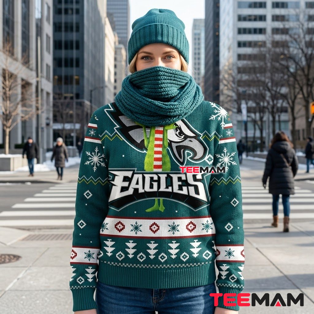 Philadelphia Eagles Ugly Christmas Sweater Grinch Santa Hat Design Back Philadelphia Eagles Ugly Christmas Sweater Grinch Santa Hat Design Back