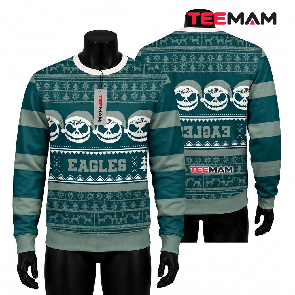 Philadelphia Eagles Ugly Christmas Sweater Jack Skellington Design Front