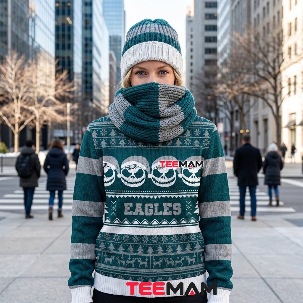 Philadelphia Eagles Ugly Christmas Sweater Jack Skellington Design Back Philadelphia Eagles Ugly Christmas Sweater Jack Skellington Design Back