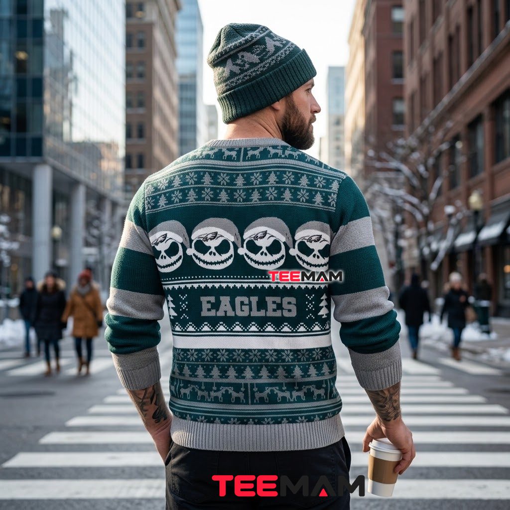 Philadelphia Eagles Ugly Christmas Sweater Jack Skellington Design Version 3 Philadelphia Eagles Ugly Christmas Sweater Jack Skellington Design Version 3