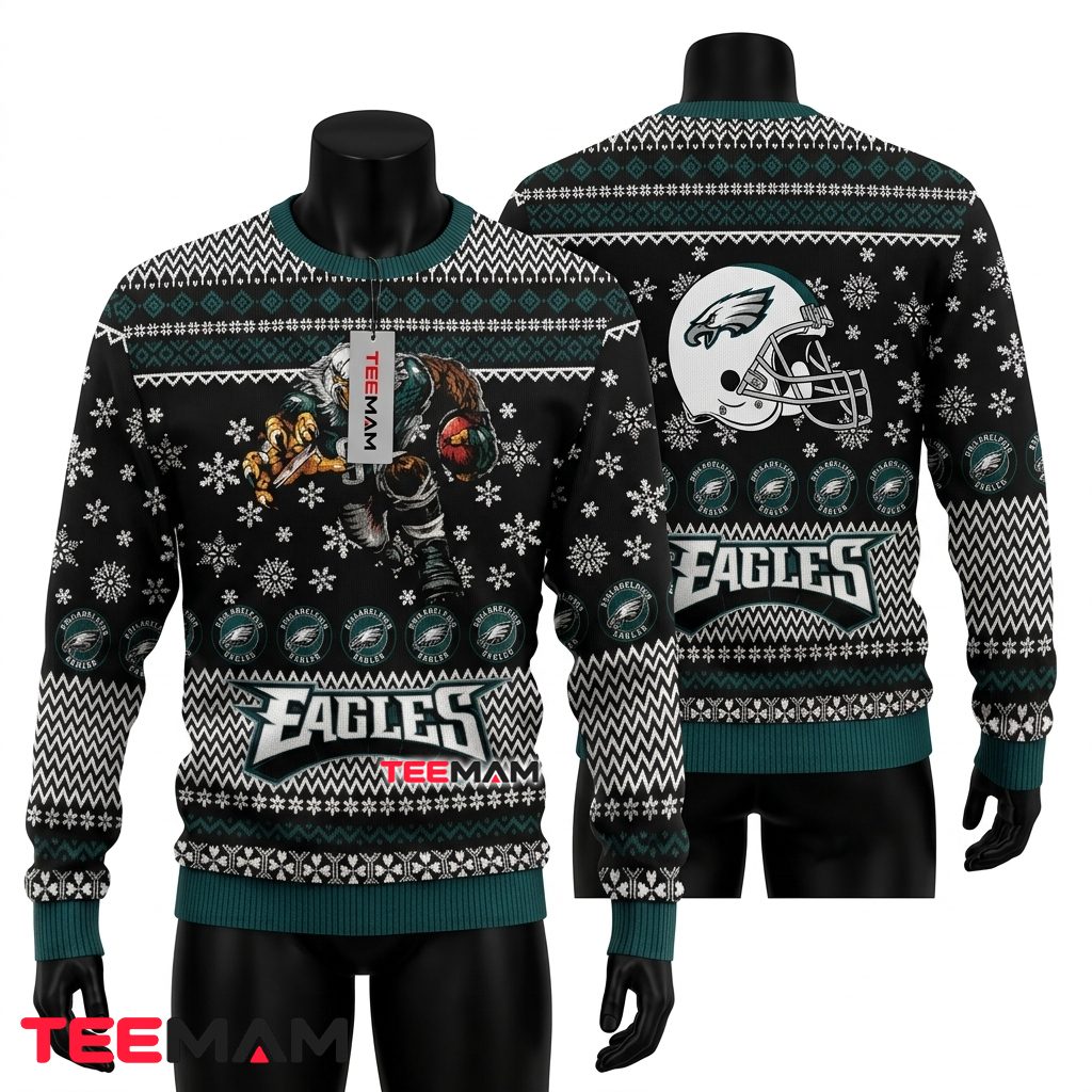 Philadelphia Eagles Ugly Christmas Sweater Mascot Football Design Front