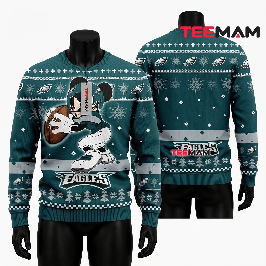 Philadelphia Eagles Ugly Christmas Sweater Mickey Mouse Football Design Front
