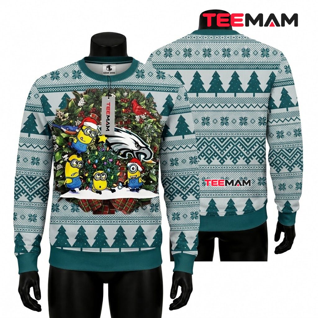 Philadelphia Eagles Ugly Christmas Sweater Minions Wreath Design Front