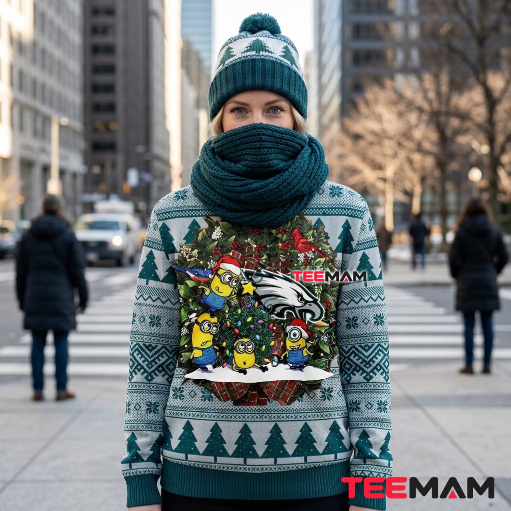 Philadelphia Eagles Ugly Christmas Sweater Minions Wreath Design Back Philadelphia Eagles Ugly Christmas Sweater Minions Wreath Design Back