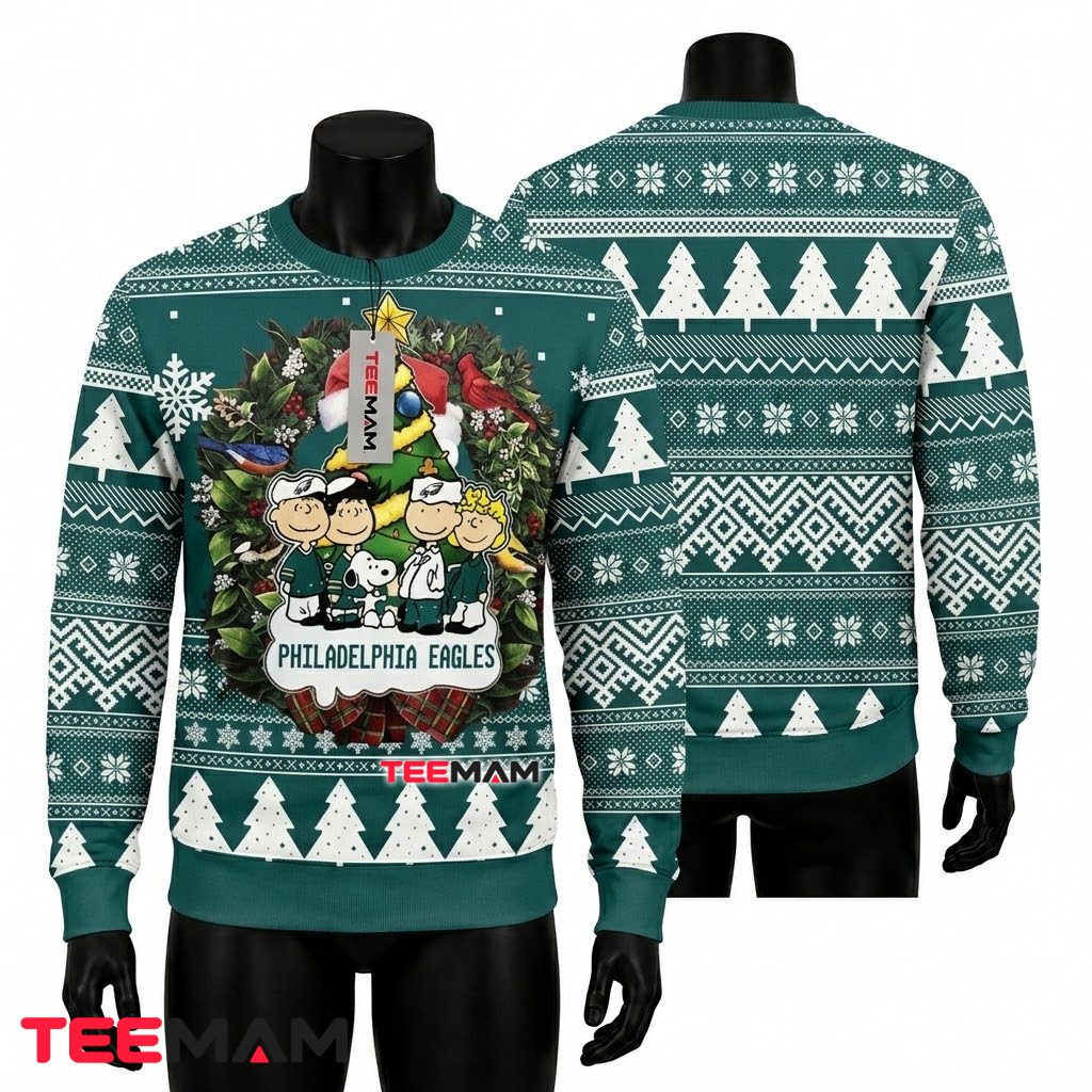 Philadelphia Eagles Ugly Christmas Sweater Peanuts Christmas Tree Design Front