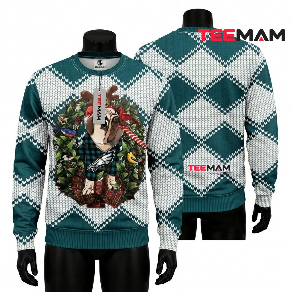 Philadelphia Eagles Ugly Christmas Sweater Pug Reindeer Wreath Design Front