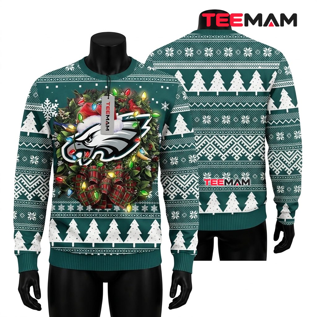 Philadelphia Eagles Ugly Christmas Sweater Santa Hat Wreath Design Front