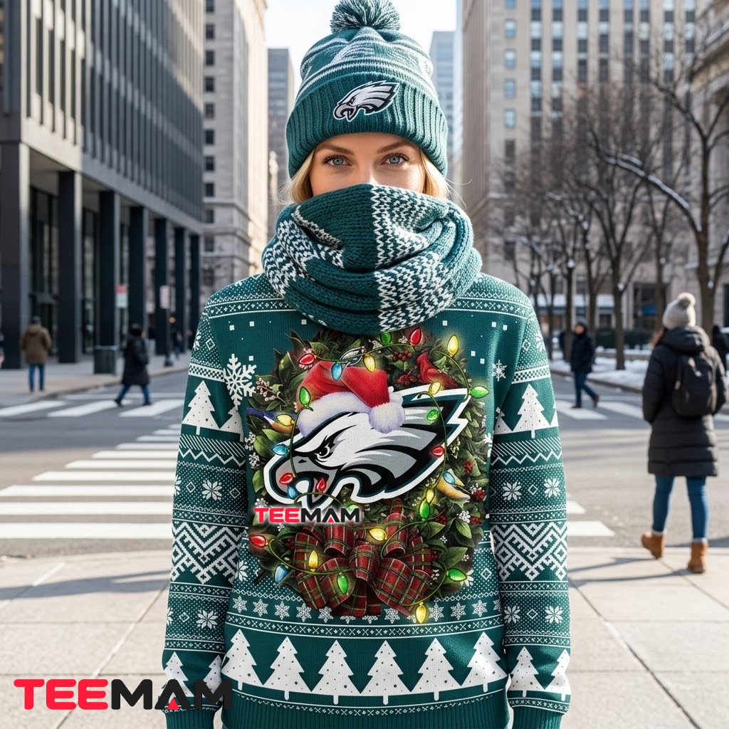 Philadelphia Eagles Ugly Christmas Sweater Santa Hat Wreath Design Back Philadelphia Eagles Ugly Christmas Sweater Santa Hat Wreath Design Back