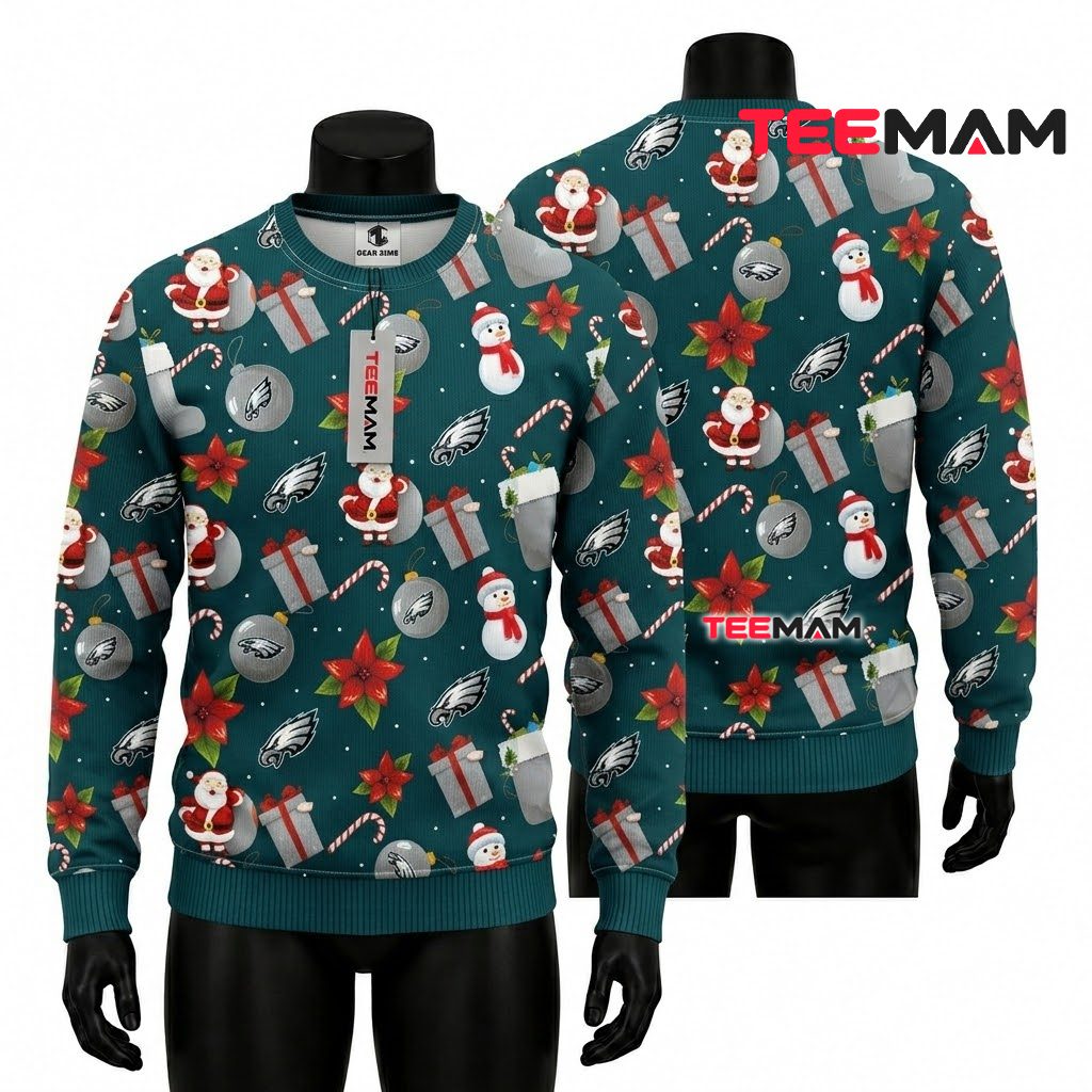 Philadelphia Eagles Ugly Christmas Sweater Santa Snowman Stocking Pattern Front