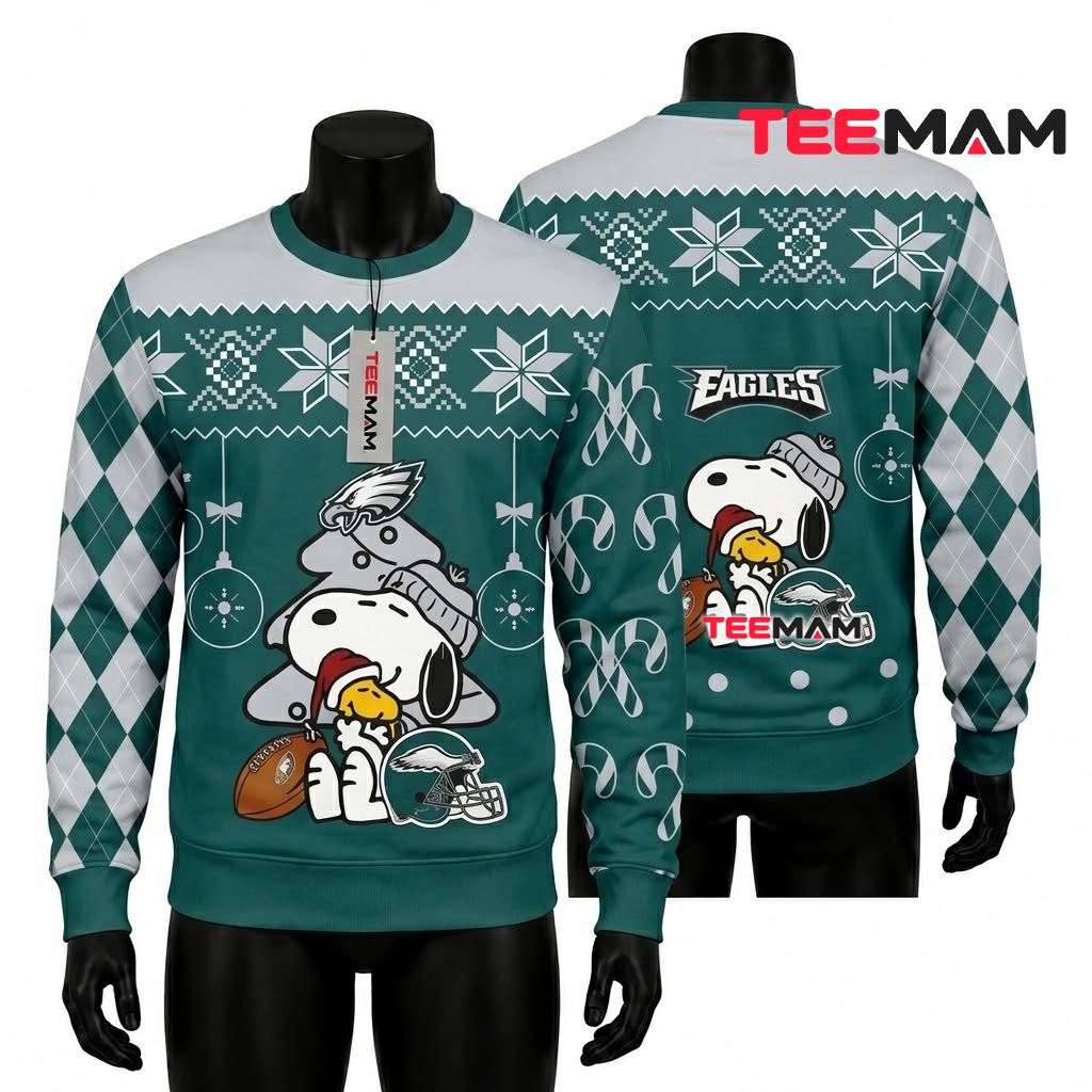 Philadelphia Eagles Ugly Christmas Sweater Snoopy Christmas Tree Design Front