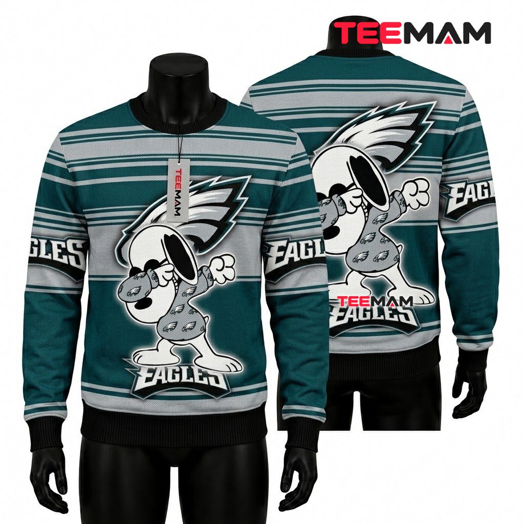 Philadelphia Eagles Ugly Christmas Sweater Snoopy Dabbing Design Front