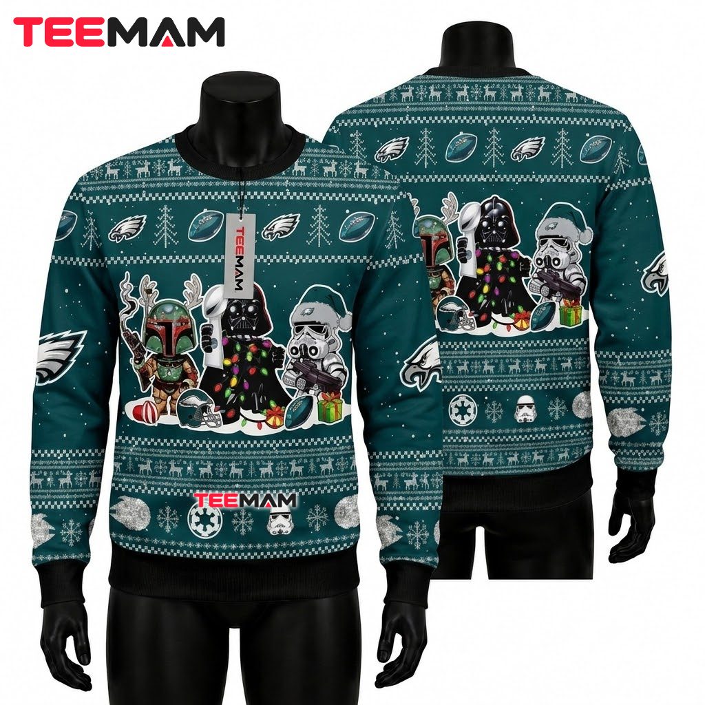 Philadelphia Eagles Ugly Christmas Sweater Star Wars Characters Design Front