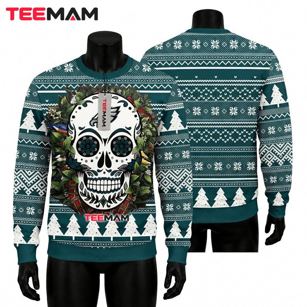 Philadelphia Eagles Ugly Christmas Sweater Sugar Skull Wreath Design Front