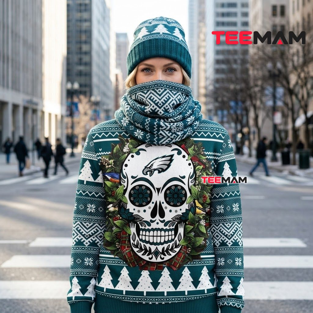 Philadelphia Eagles Ugly Christmas Sweater Sugar Skull Wreath Design Back Philadelphia Eagles Ugly Christmas Sweater Sugar Skull Wreath Design Back