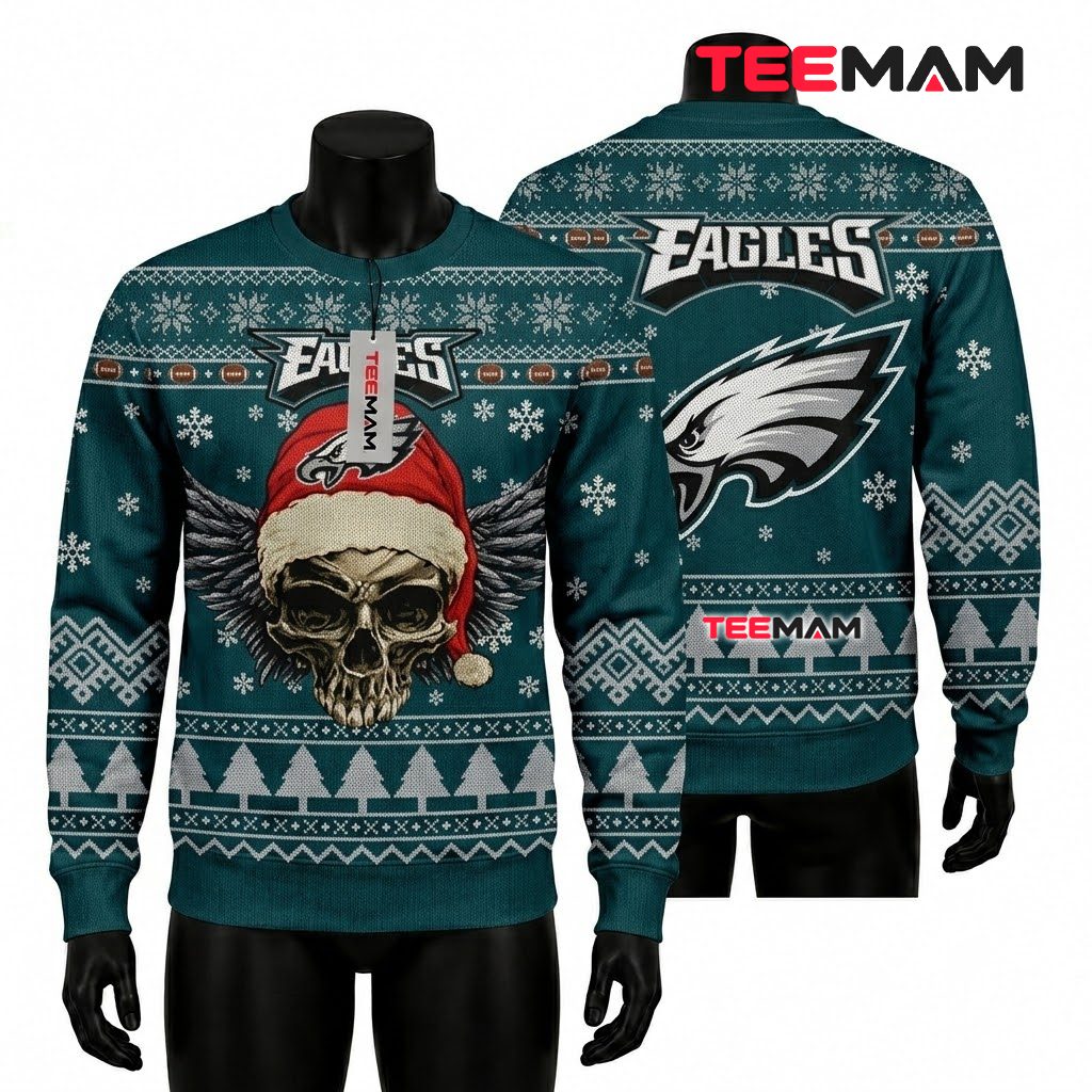 Philadelphia Eagles Ugly Christmas Sweater Winged Skull Santa Design Front