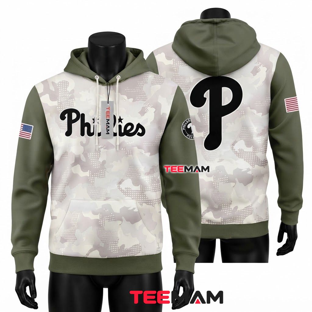 Philadelphia Phillies 3D Hoodie Desert Camouflage American Flag Front