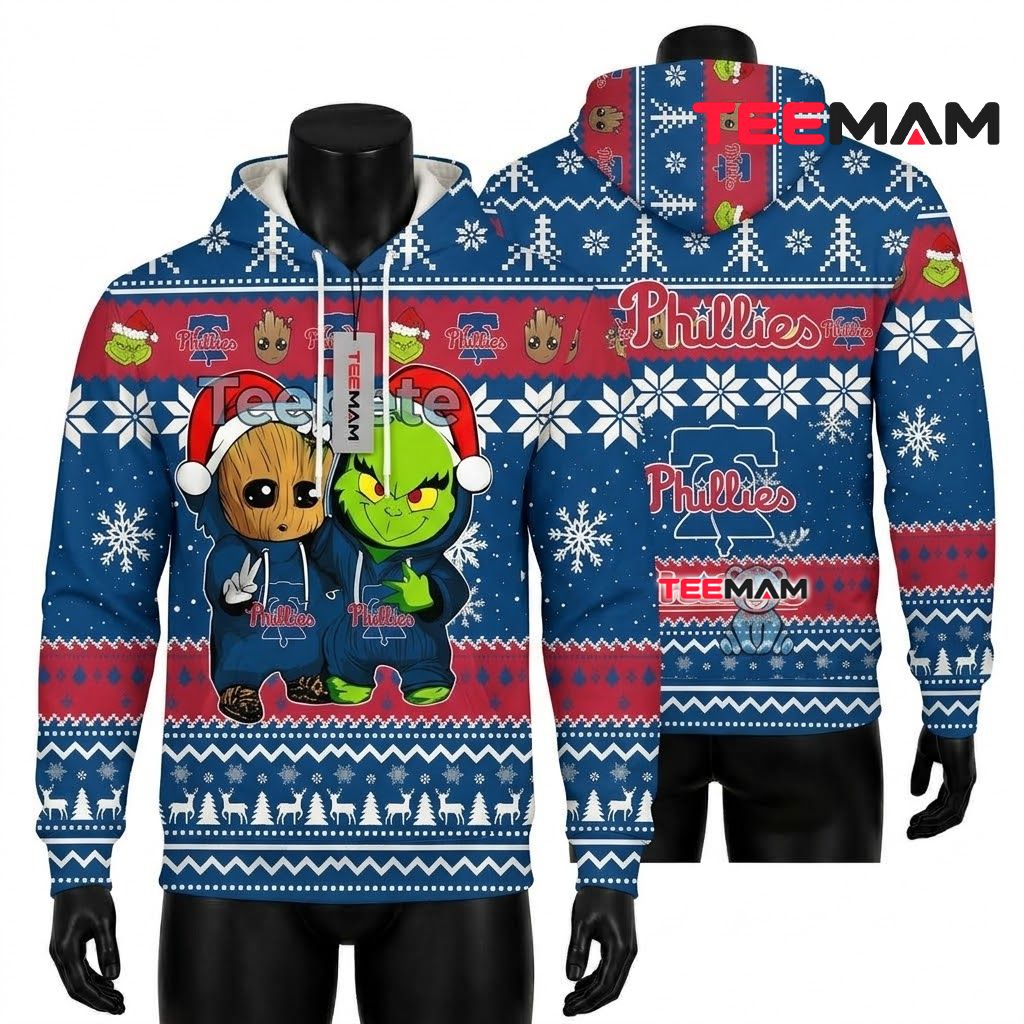 Philadelphia Phillies 3D Hoodie Groot Grinch Christmas Front