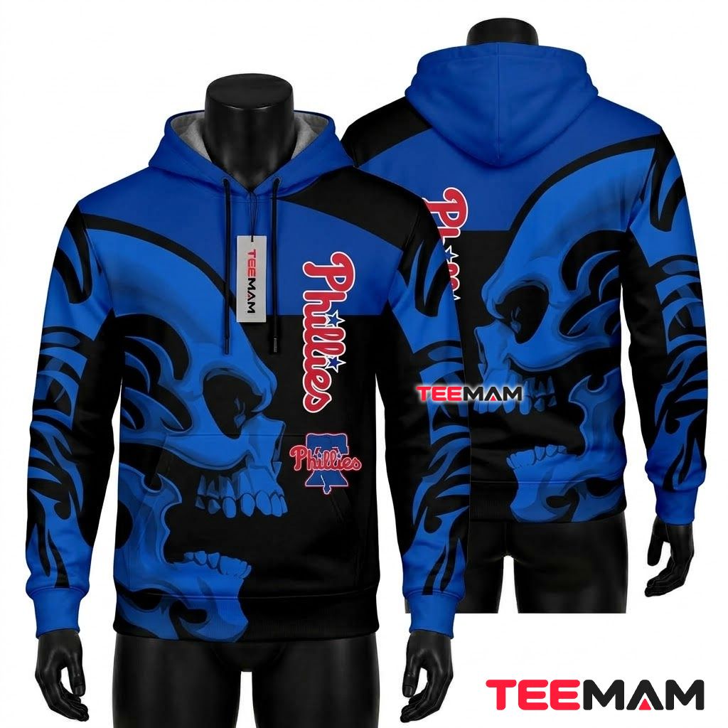 Philadelphia Phillies All Over Print 3D Hoodie Blue Skull Split Front