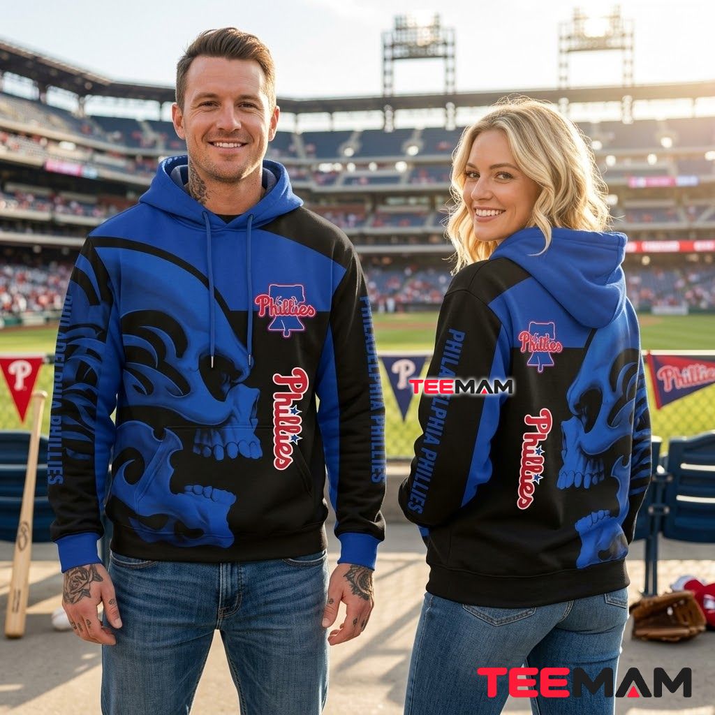 Philadelphia Phillies All Over Print 3D Hoodie Blue Skull Split Back Philadelphia Phillies All Over Print 3D Hoodie Blue Skull Split Back