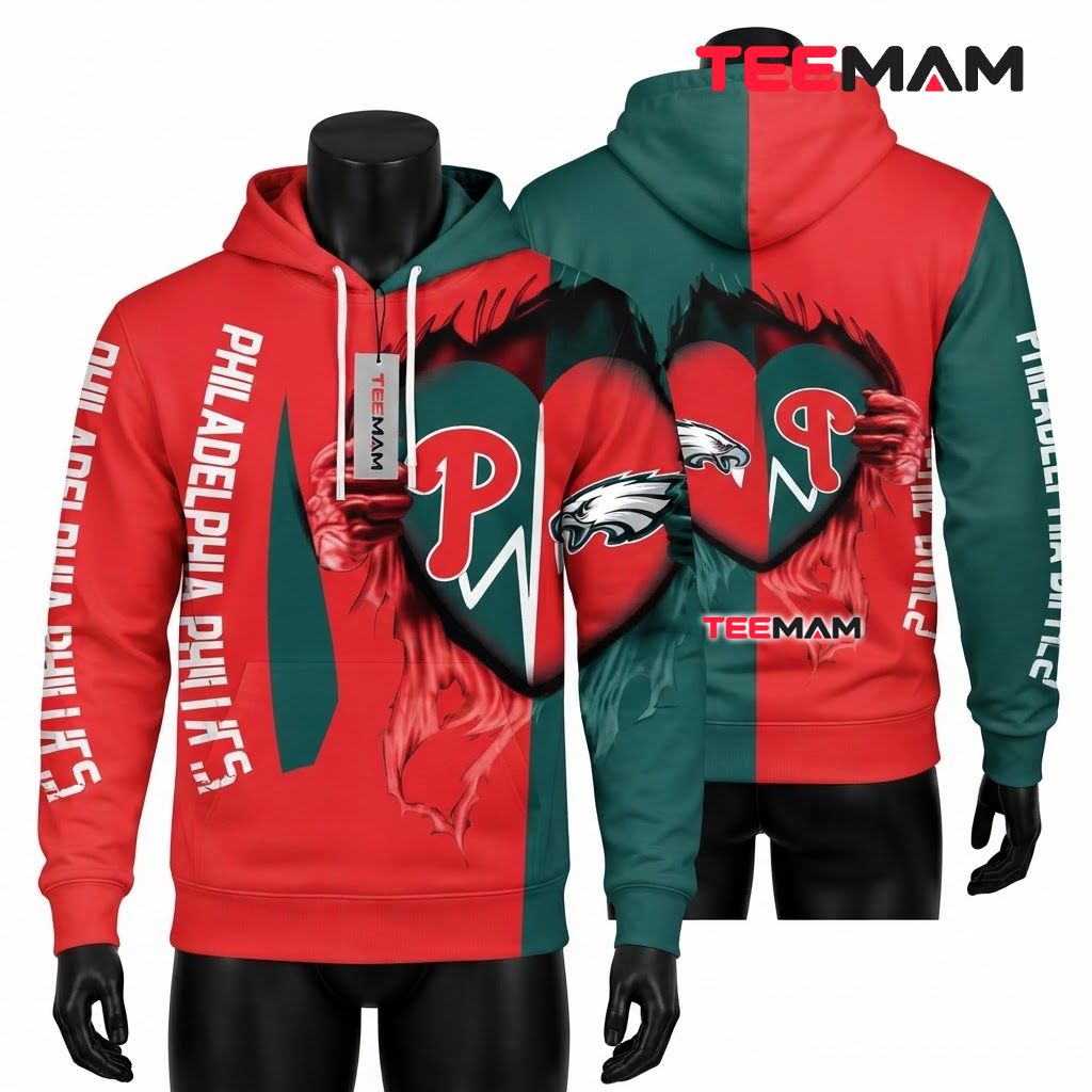 Philadelphia Phillies Philadelphia Eagles 3D Hoodie Heartbeat Split Design Front
