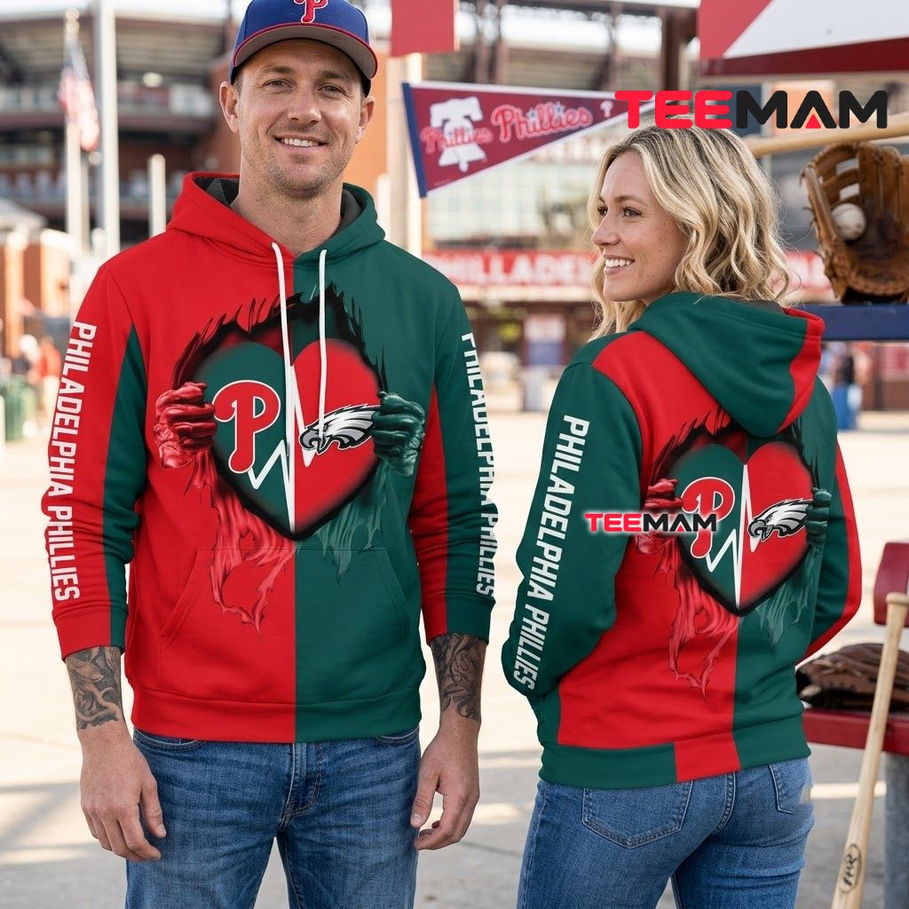Philadelphia Phillies Philadelphia Eagles 3D Hoodie Heartbeat Split Design Back Philadelphia Phillies Philadelphia Eagles 3D Hoodie Heartbeat Split Design Back