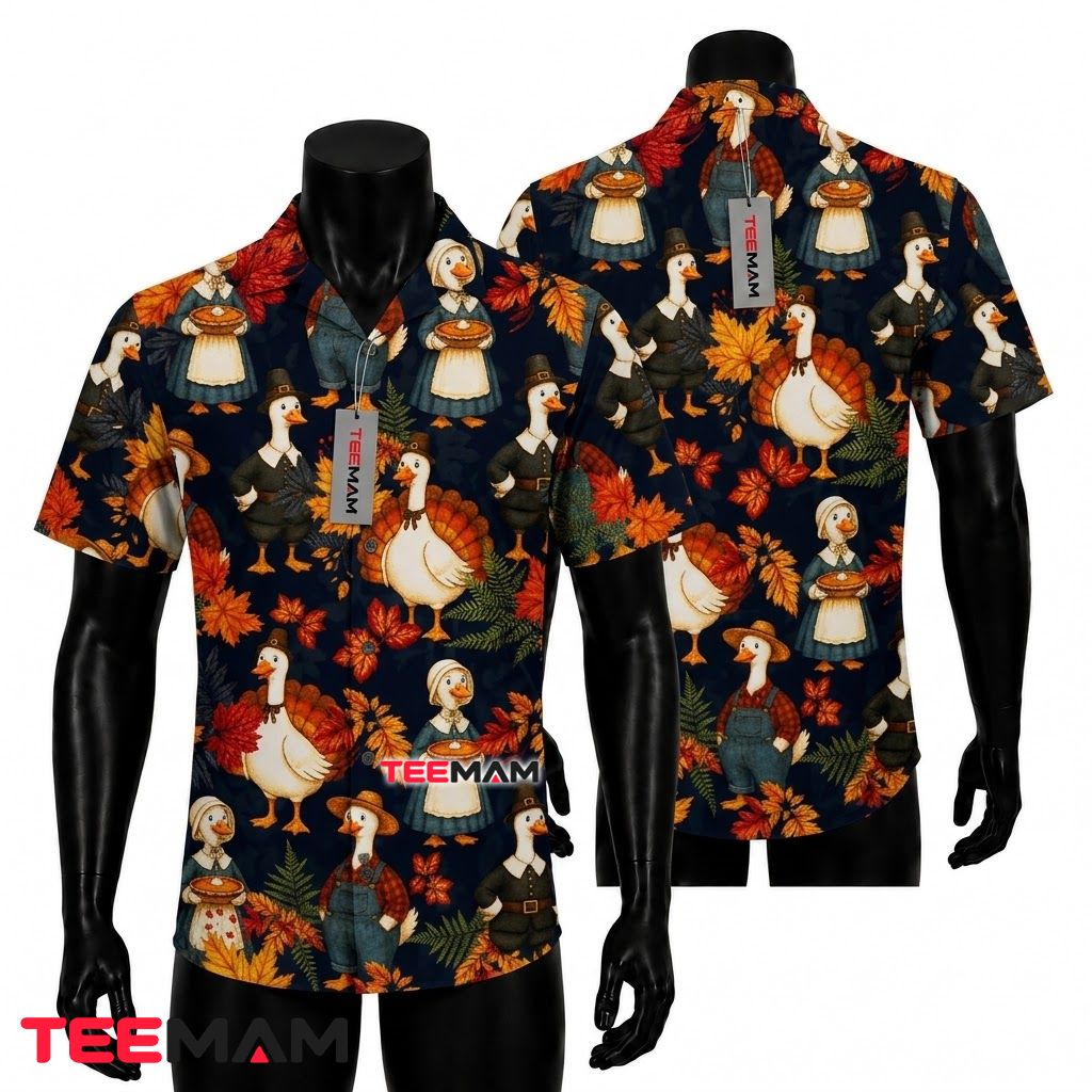Pilgrim Goose Thanksgiving Hawaiian Shirt Turkey Navy Blue Front